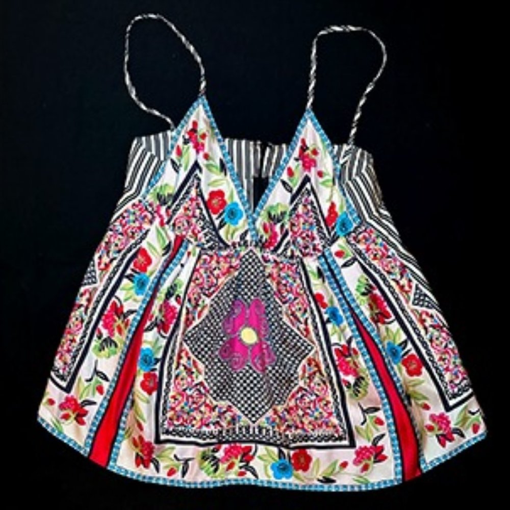 VTG 100% Silk Boho Floral Spaghetti Strap Top Blouse Camisole Made in Italy